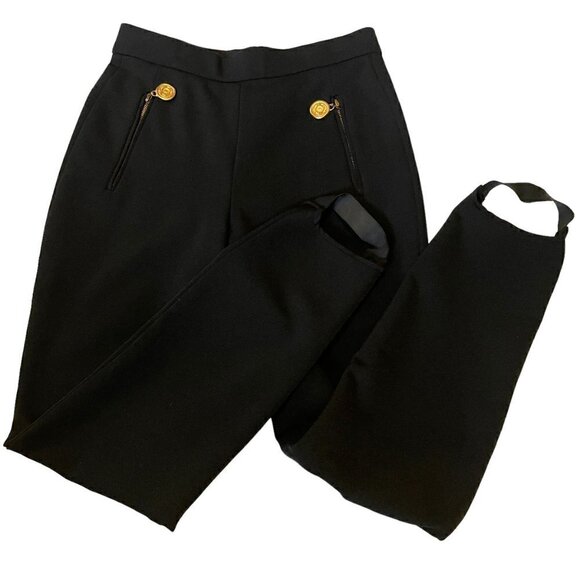 Donna Karan Vintage 80s Black Stirrup Stretch Pants Gold Logo Zip Pulls Small - Picture 1 of 12